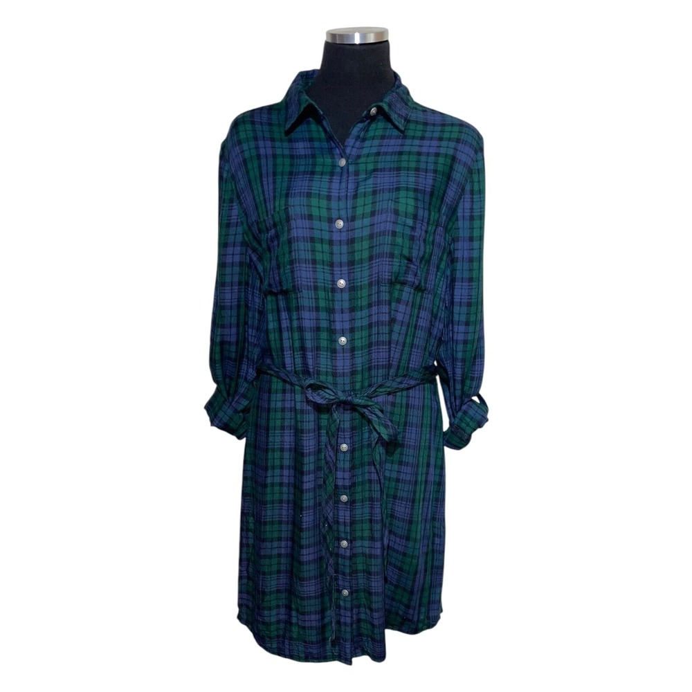 Banana Republic Dress Women 12 Tartan Plaid Green Blue Old Money Belted Classic‎